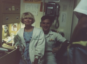 Leah and I sit for a picture in my stateroom after our return from the Gulf War