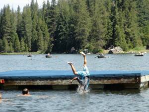 Jumping into the lake from the swim platform